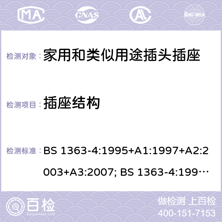 插座结构 13A插头、插座、转换器和连接单元 第4部分：带开关和不带开关的13A保险丝连接装置的规范 BS 1363-4:1995+A1:1997+A2:2003+A3:2007; BS 1363-4:1995+A4:2012; BS 1363-4:2016+A1:2018 13