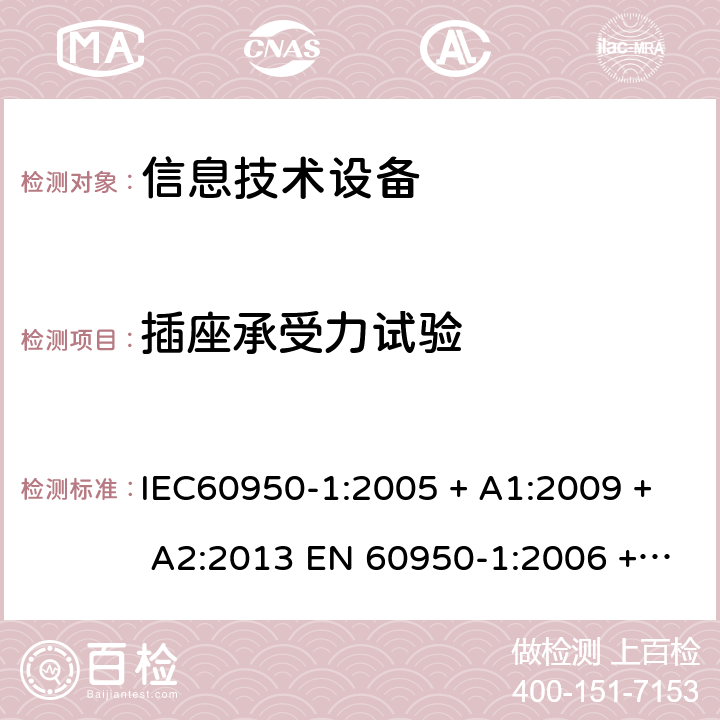 插座承受力试验 信息技术设备的安全: 第1部分: 通用要求 IEC60950-1:2005 + A1:2009 + A2:2013 EN 60950-1:2006 + A11:2009 + A12:2011 + A1:2010 + A2:2013 4.3.5