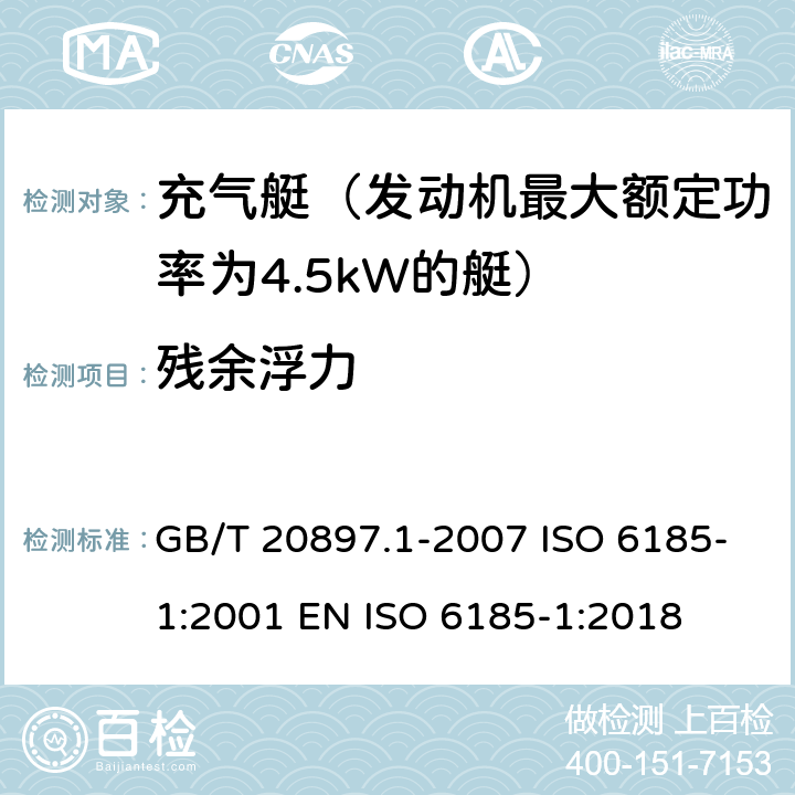 残余浮力 充气船 第1部分：最大电机额定功率为4.5 kW的船舶 GB/T 20897.1-2007 ISO 6185-1:2001 EN ISO 6185-1:2018 6.8