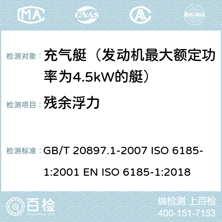 残余浮力 GB/T 20897.1-2007 充气艇 第1部分:发动机最大额定功率为4.5kW的艇