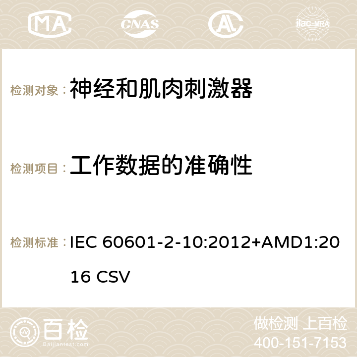 工作数据的准确性 医用电气设备 第2部分：神经和肌肉刺激器安全专用要求 IEC 60601-2-10:2012+AMD1:2016 CSV 50