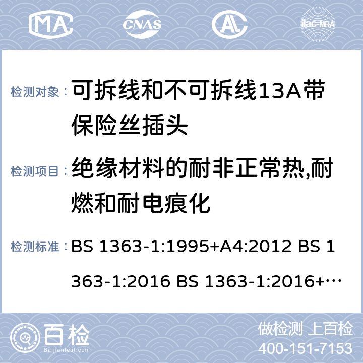 绝缘材料的耐非正常热,耐燃和耐电痕化 可拆线和不可拆线13A带保险丝插头 BS 1363-1:1995+A4:2012 BS 1363-1:2016 BS 1363-1:2016+A1:2018 23