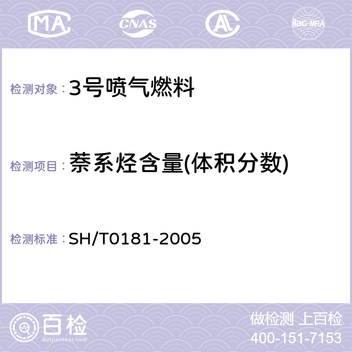 萘系烃含量(体积分数) 喷气燃料中萘系烃含量测定法（紫外分光光度法） SH/T0181-2005