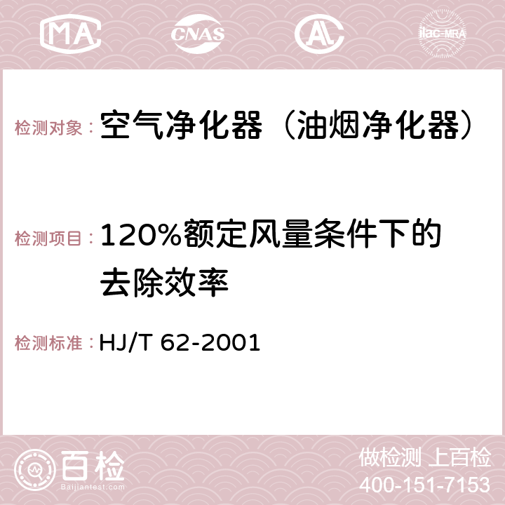 120%额定风量条件下的去除效率 HJ/T 62-2001 饮食业油烟净化设备技术要求及检测技术规范(试行)