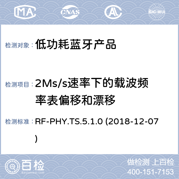 2Ms/s速率下的载波频率表偏移和漂移 蓝牙认证低能耗射频测试标准 RF-PHY.TS.5.1.0 (2018-12-07) 4.4.9