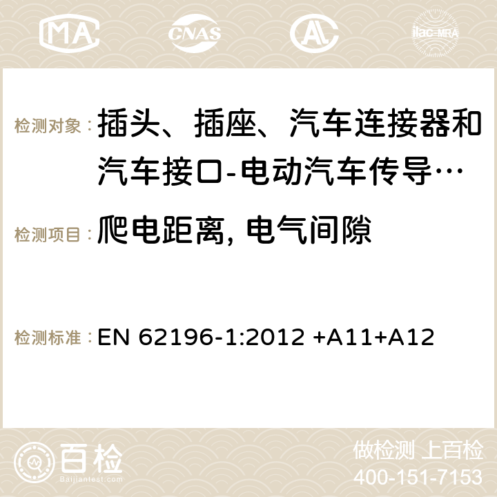 爬电距离, 电气间隙 插头、插座、汽车连接器和汽车接口 电动汽车传导充电 第1部分: 通用要求 EN 62196-1:2012 +A11+A12 28