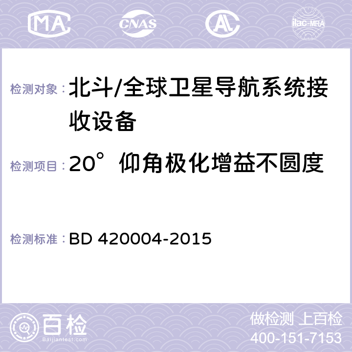 20°仰角极化增益不圆度 北斗/全球卫星导航系统（GNSS）导航型天线性能要求及测试方法 BD 420004-2015 5.6.4.3