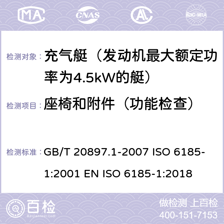 座椅和附件（功能检查） 充气船 第1部分：最大电机额定功率为4.5 kW的船舶 GB/T 20897.1-2007 ISO 6185-1:2001 EN ISO 6185-1:2018 5.12
