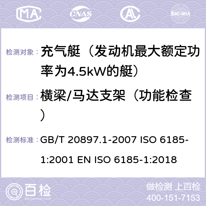 横梁/马达支架（功能检查） 充气船 第1部分：最大电机额定功率为4.5 kW的船舶 GB/T 20897.1-2007 ISO 6185-1:2001 EN ISO 6185-1:2018 5.6