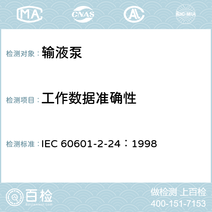 工作数据准确性 医用电气设备 第2-24部分：输液泵和输液控制器安全专用要求 IEC 60601-2-24：1998 50