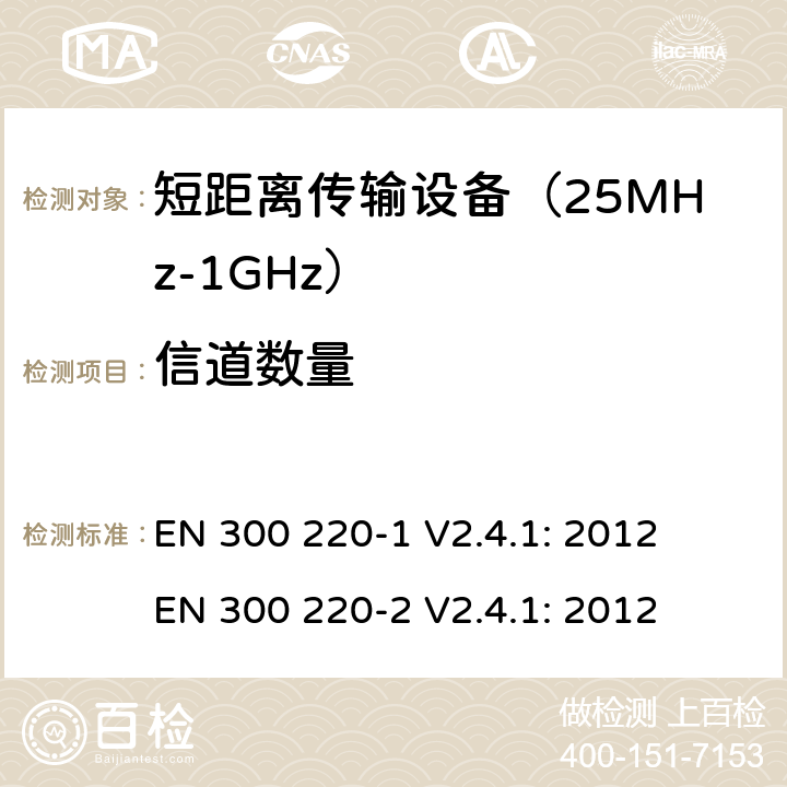 信道数量 短距离无线传输设备（25MHz到1000MHz频率范围）电磁兼容性和无线电频谱特性第1部分：技术特性及测试方法；第2部分:无线电频谱特性R&TTE 3.2条指令的基本要求 EN 300 220-1 V2.4.1: 2012
 EN 300 220-2 V2.4.1: 2012 条款 7.4