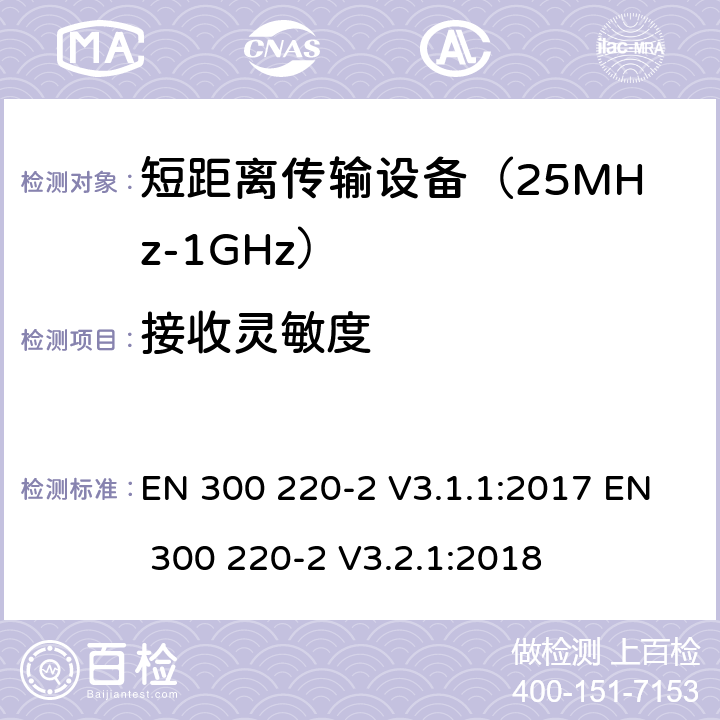 接收灵敏度 工作在25MHz到1000MHz频段范围的短距离设备；第二部分：非特定用途的无线频谱使用的协调标准 EN 300 220-2 V3.1.1:2017 EN 300 220-2 V3.2.1:2018 条款 4