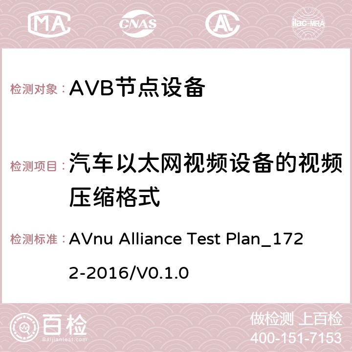汽车以太网视频设备的视频压缩格式 媒体格式和流量预留等级的节点测试方法 AVnu Alliance Test Plan_1722-2016/V0.1.0 SECTION Auto.CVF.c