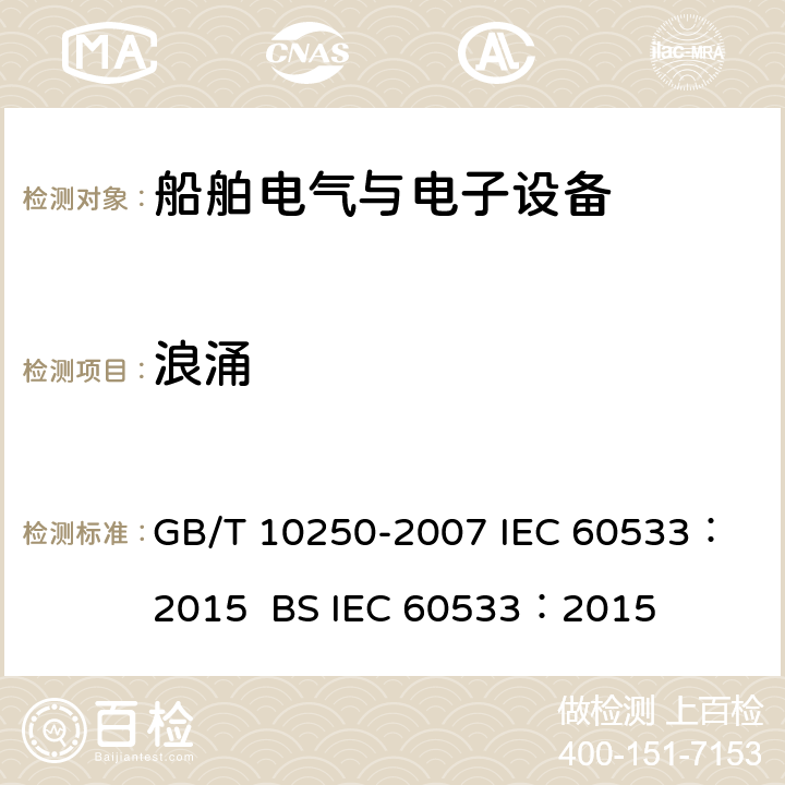 浪涌 船舶电气与电子设备的电磁兼容性 GB/T 10250-2007
 IEC 60533：2015 BS
 IEC 60533：2015