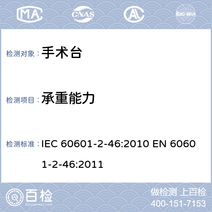 承重能力 医用电气设备 第2-46部分: 手术台基本安全和基本性能专用要求 IEC 60601-2-46:2010 EN 60601-2-46:2011 201.9.8