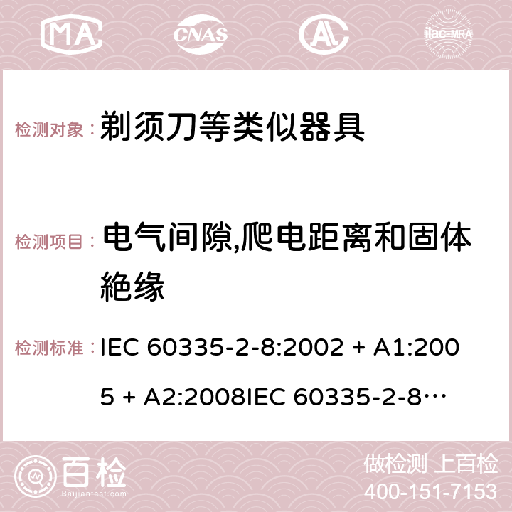 电气间隙,爬电距离和固体絶缘 家用和类似用途电器的安全 – 第二部分:特殊要求 – 剃须刀、电推剪及类似器具 IEC 60335-2-8:2002 + A1:2005 + A2:2008

IEC 60335-2-8:2012 + A1:2015 

EN 60335-2-8:2003 + A1:2005 + A2:2008 

EN 60335-2-8:2015 +A1:2016 Cl. 29