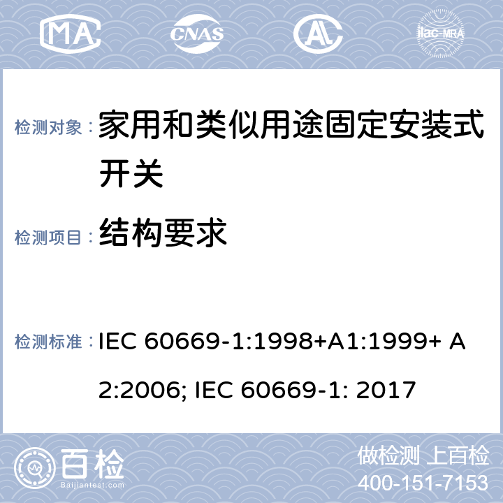 结构要求 家用和类似用途固定安装式开关 第1部分: 通用要求 IEC 60669-1:1998+A1:1999+ A2:2006; IEC 60669-1: 2017 13