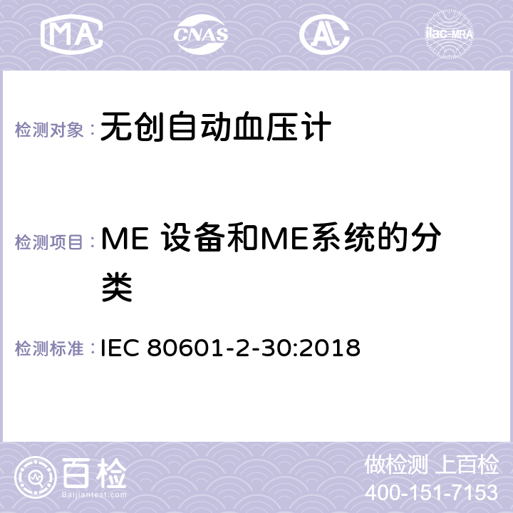 ME 设备和ME系统的分类 医用电气设备 第2-30部分：对无创自动血压计基本安全和基本性能的特殊要求 IEC 80601-2-30:2018 201.6