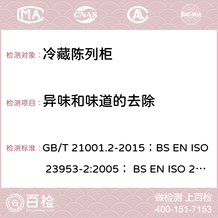 异味和味道的去除 冷藏陈列柜 第二部分：分类、要求和试验条件 冷藏陈列柜 第3部分：试验评定冷藏陈列柜 GB/T 21001.2-2015；BS EN ISO 23953-2:2005； BS EN ISO 23953-2:2005+A1:2012；BS EN ISO 23953-2:2015；JIS B 8631-2:2011；GB/T 21001.3-2015；BS EN 441:1995/1996; UNE-EN ISO 23953-2:2013 Cl. 4.2.1