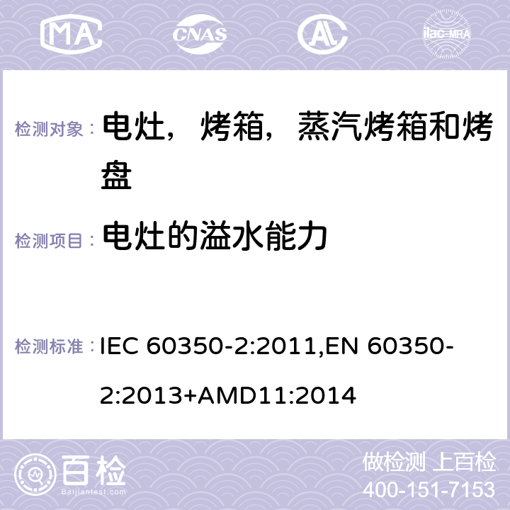 电灶的溢水能力 家用电炊具 第二部分：电灶-测量性能的方法 IEC 60350-2:2011,
EN 60350-2:2013+AMD11:2014 cl.9