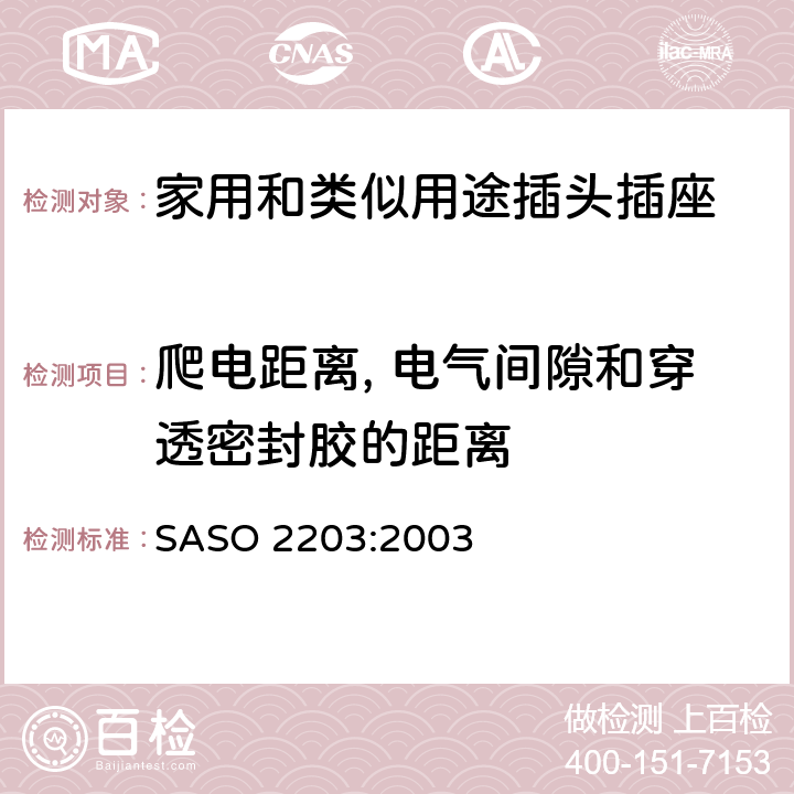 爬電距離, 電氣間隙和穿透密封膠的距離 家用和類似通用使用220V的插頭插座 SASO 2203:2003 4.5