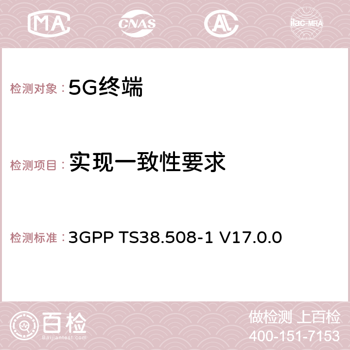 实现一致性要求 3GPP TS38.508 5GS;用户设备(UE)一致性规范;第1部分:通用测试环境 -1 V17.0.0 4,5,6,7 Annex A,Annex B,Annex C,Annex D