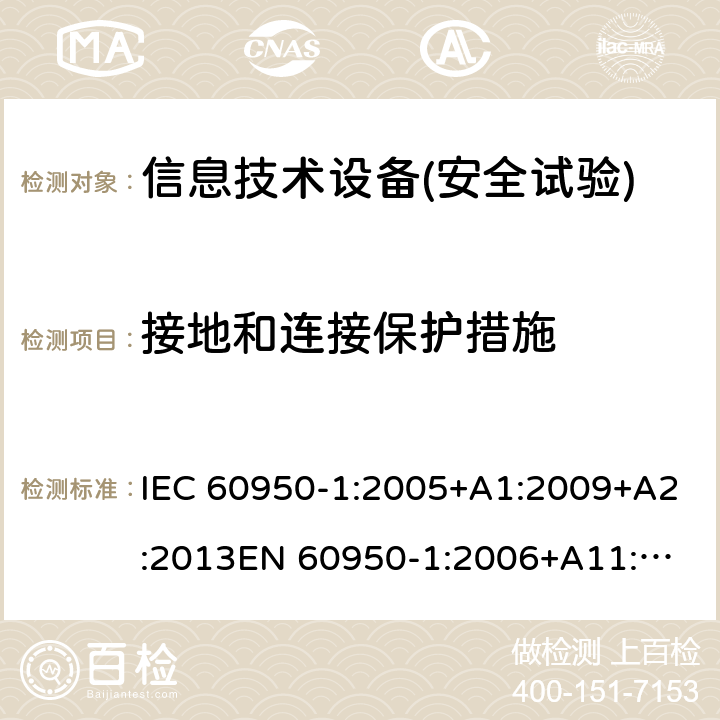 接地和連接保護(hù)措施 信息技術(shù)設(shè)備安全 第1部分：通用要求 IEC 60950-1:2005+A1:2009+A2:2013
EN 60950-1:2006+A11:2009+A1:2010+A12:2011+A2:2013,GB 4943.1-2011,