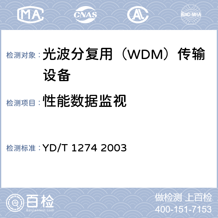 性能数据监视 光波分复用系统（WDM）技术要求－160×10Gb/s、80×10Gb/s部分 YD/T 1274 2003 11.4