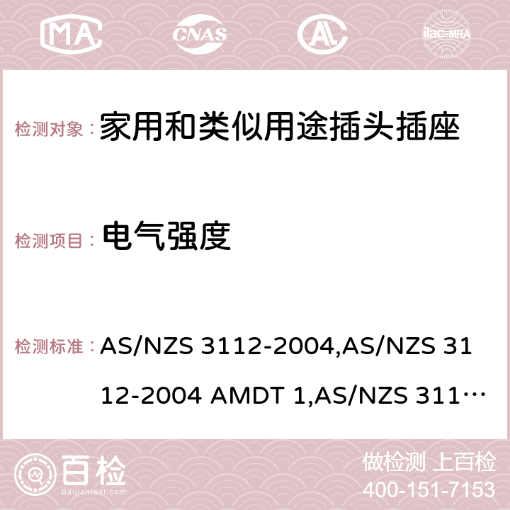 电气强度 认可和试验规范——插头和插座 AS/NZS 3112-2004,
AS/NZS 3112-2004 AMDT 1,
AS/NZS 3112:2011,
AS/NZS 3112-2011 AMDT 1,
AS/NZS 3112-2011 AMDT 2,
AS/NZS 3112:2011 Amdt 3:2016,
AS/NZS 3112:2017 3.14.3