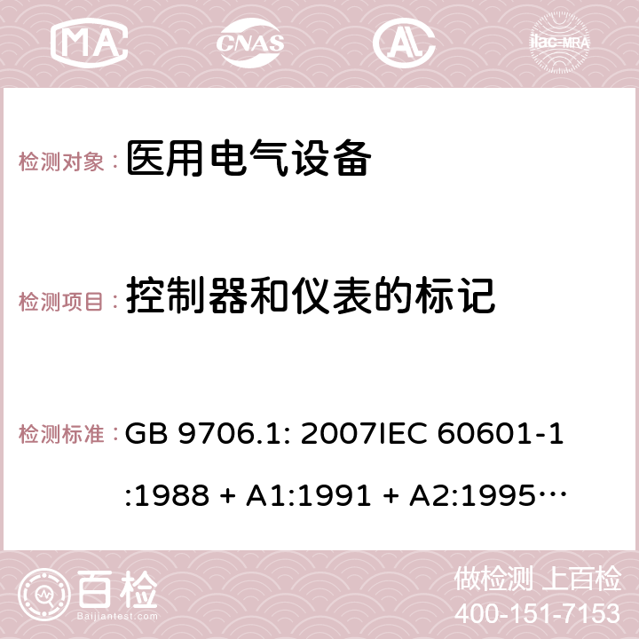 控制器和仪表的标记 医用电气设备 第1部分：安全通用要求 GB 9706.1: 2007
IEC 60601-1:1988 + A1:1991 + A2:1995
EN 60601-1:1990+A1:1993+A2:1995 6.3