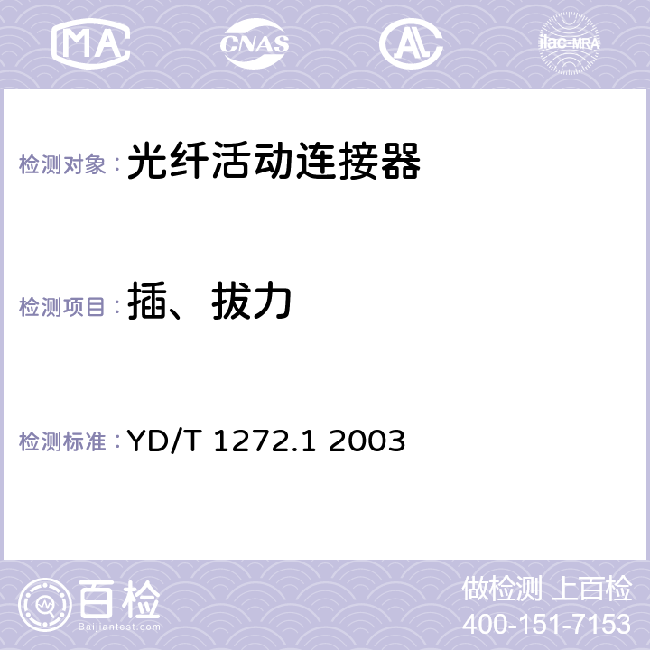 插、拔力 光纤活动连接器第一部分：LC型 YD/T 1272.1 2003 6.6.6、6.6.7