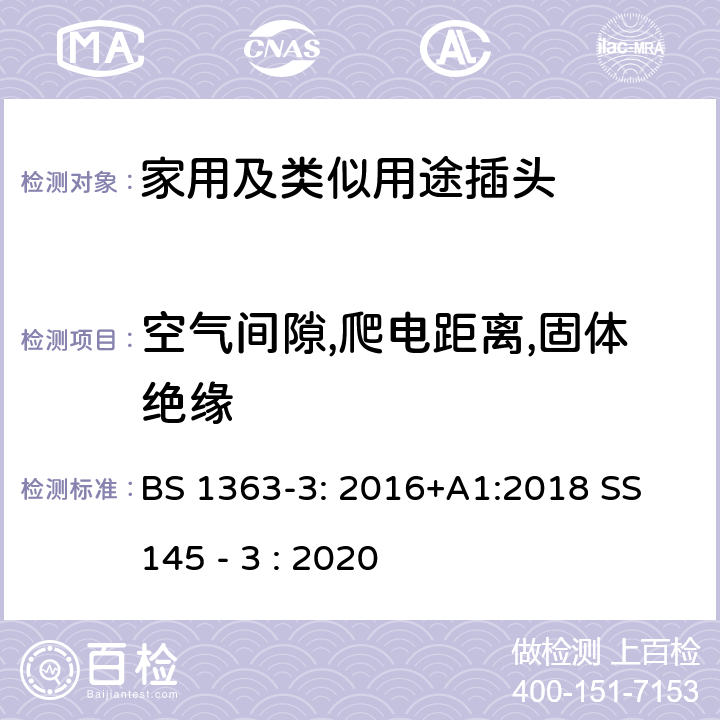 空气间隙,爬电距离,固体绝缘 13A插头,插座,转换器和连接器-3部分:转换器的规范 BS 1363-3: 2016+A1:2018 SS 145 - 3 : 2020 8