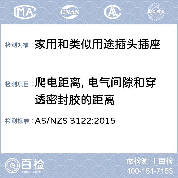 爬電距離, 電氣間隙和穿透密封膠的距離 插座轉(zhuǎn)換器 AS/NZS 3122:2015 4~22, 附錄A