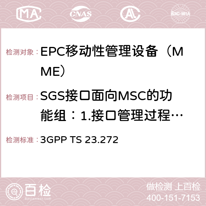 SGS接口面向MSC的功能组：1.接口管理过程2.呼叫控制过程 服务和系统方面 EPS中的CSFB；阶段2（Release 13） 3GPP TS 23.272 chapter 4、5、6、7、8