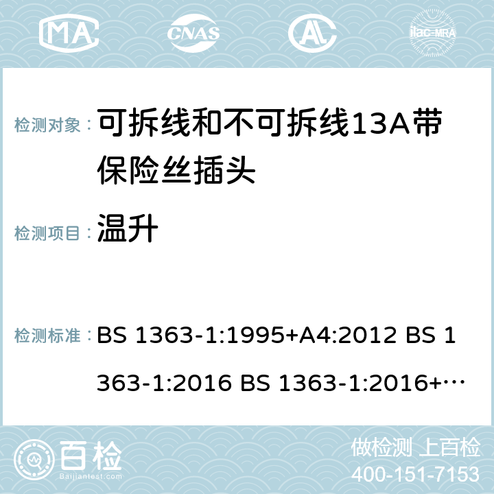 温升 可拆线和不可拆线13A带保险丝插头 BS 1363-1:1995+A4:2012 BS 1363-1:2016 BS 1363-1:2016+A1:2018 16