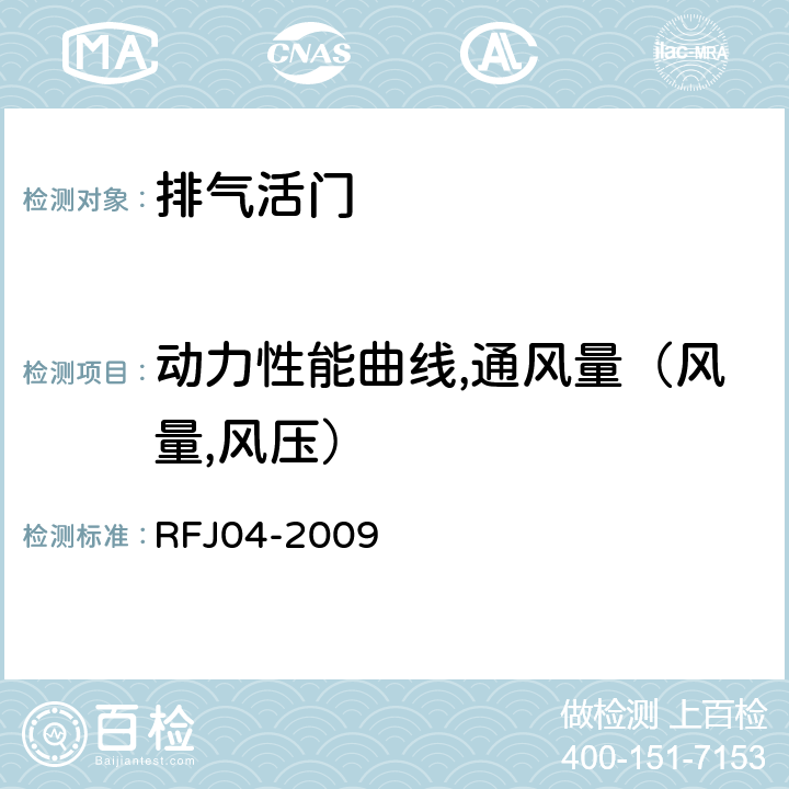 动力性能曲线,通风量（风量,风压） RFJ 04-2009 《人民防空工程防护设备试验测试与质量检测标准》 RFJ04-2009 6