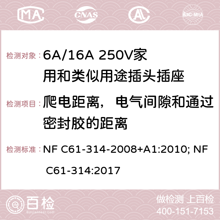 爬电距离，电气间隙和通过密封胶的距离 家用和类似用途插头插座-6A/250V和16A/250V 系统 NF C61-314-2008+A1:2010; NF C61-314:2017 27