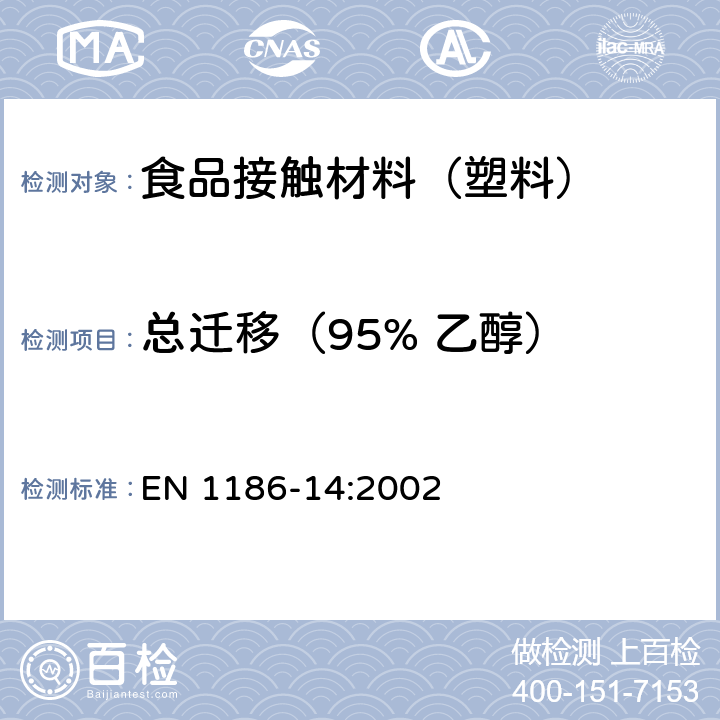 总迁移（95% 乙醇） 接触食品的材料和制品 塑料 第14部分：使用试验介质异辛烷和95%乙醇的从塑料到与之接触的脂肪类食品的整理移动的“替代试验”试验方法 EN 1186-14:2002