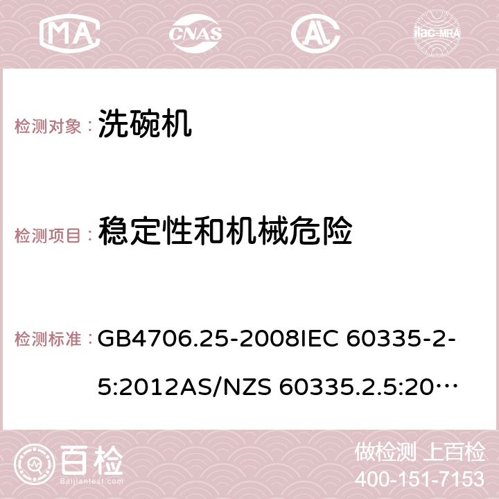 稳定性和机械危险 家用和类似用途电器的安全 洗碗机的特殊要求 GB4706.25-2008
IEC 60335-2-5:2012
AS/NZS 60335.2.5:2014+AMD1:2015 20