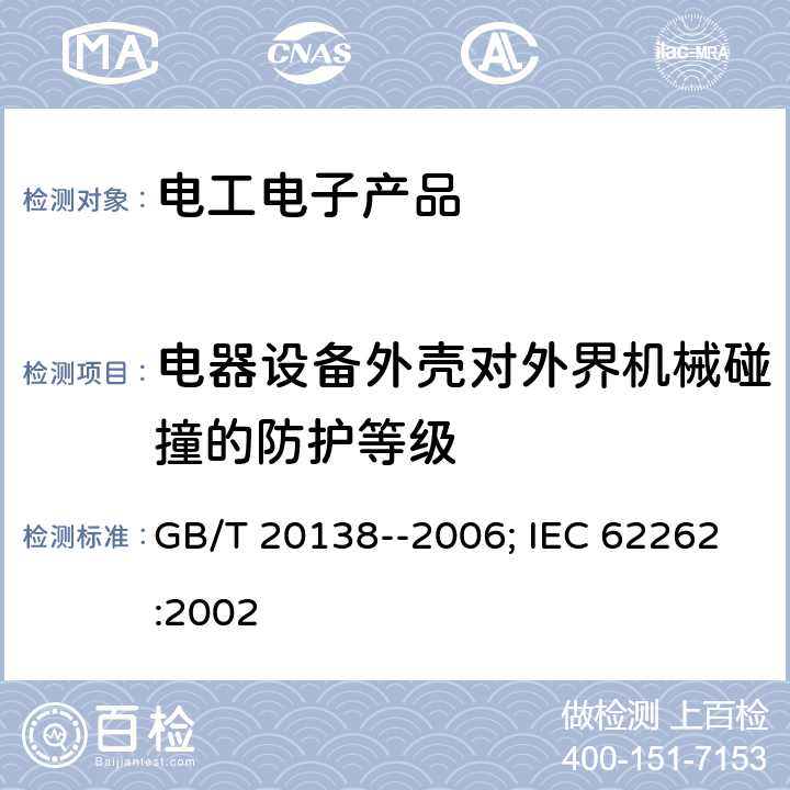 电器设备外壳对外界机械碰撞的防护等级 电器设备外壳对外界机械碰撞的防护等级（IK代码） GB/T 20138--2006; IEC 62262:2002