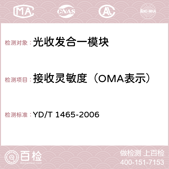 接收灵敏度（OMA表示） 10Gbit/s小型化可插拔光收发合一模块技术条件 YD/T 1465-2006 6.3.2 表10