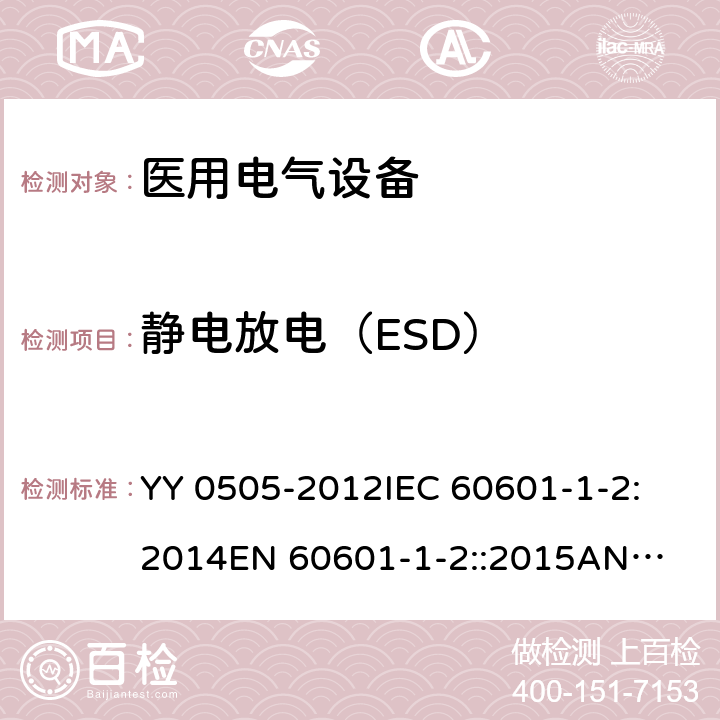 静电放电（ESD） 医用电气设备 第1-2部分：安全通用要求 并列标准：电磁兼容 要求和试验 YY 0505-2012
IEC 60601-1-2:2014
EN 60601-1-2::2015
ANSI/AAMI/IEC 60601-1-2:2014 36.202.2