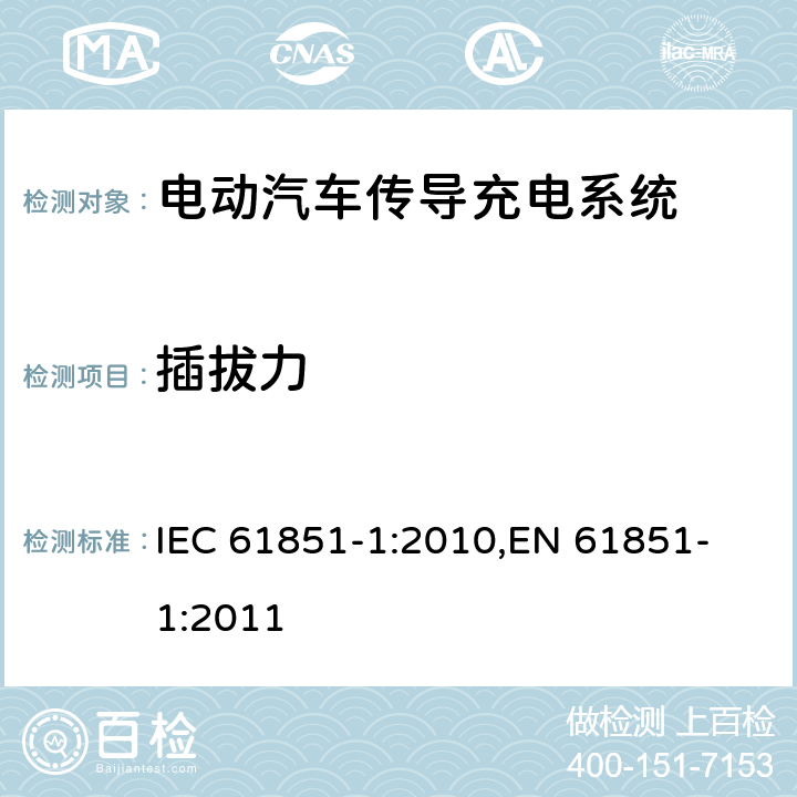 插拔力 电动汽车传导充电系统 第一部分：通用要求 IEC 61851-1:2010,
EN 61851-1:2011

 cl.9.6