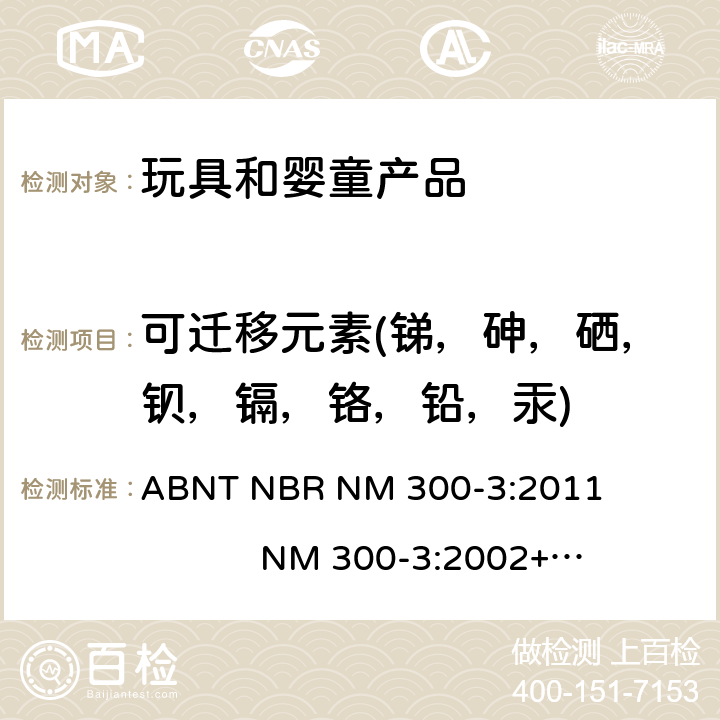 可迁移元素(锑，砷，硒，钡，镉，铬，铅，汞) 巴西玩具安全标准第三部分: 某些元素的转移 ABNT NBR NM 300-3:2011 NM 300-3:2002+Errata 1:2007