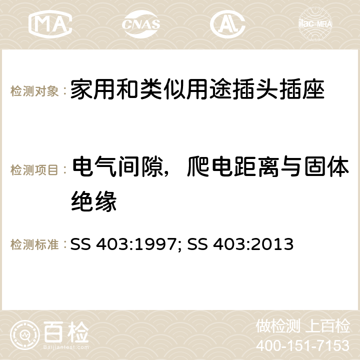 电气间隙，爬电距离与固体绝缘 带开关和不带开关的13A保险丝连接单元的规范 SS 403:1997; SS 403:2013 8