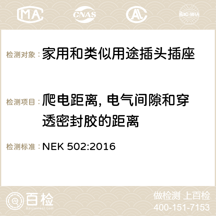 爬電距離, 電氣間隙和穿透密封膠的距離 家用和類似用途插頭插座 對用在挪威的插頭插座與NEK IEC 60884-1補充和差異要求 NEK 502:2016 27
