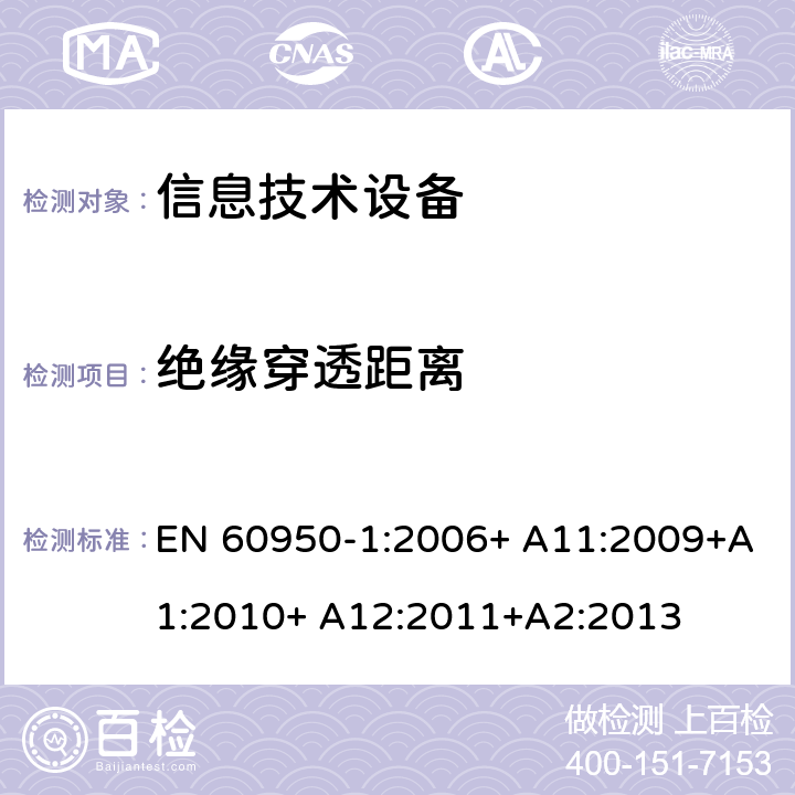 绝缘穿透距离 信息技术设备 安全 第1部分：通用要求 EN 60950-1:2006+ A11:2009+A1:2010+ A12:2011+A2:2013 2.10.5.2