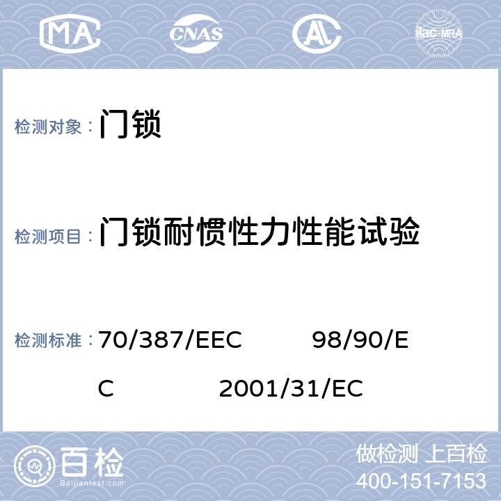 门锁耐惯性力性能试验 在机动车辆及其挂车车门方面协调统一各成员国法律的理事会指令 70/387/EEC 98/90/EC 2001/31/EC 4.2.1