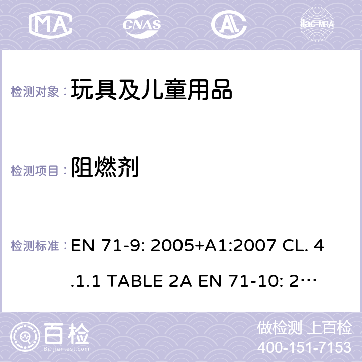 阻燃剂 玩具安全：有机化合物 EN 71-9: 2005+A1:2007 CL. 4.1.1 TABLE 2A 
EN 71-10: 2005 CL. 8.1.1 
EN 71-11: 2005 CL. 5.2.6