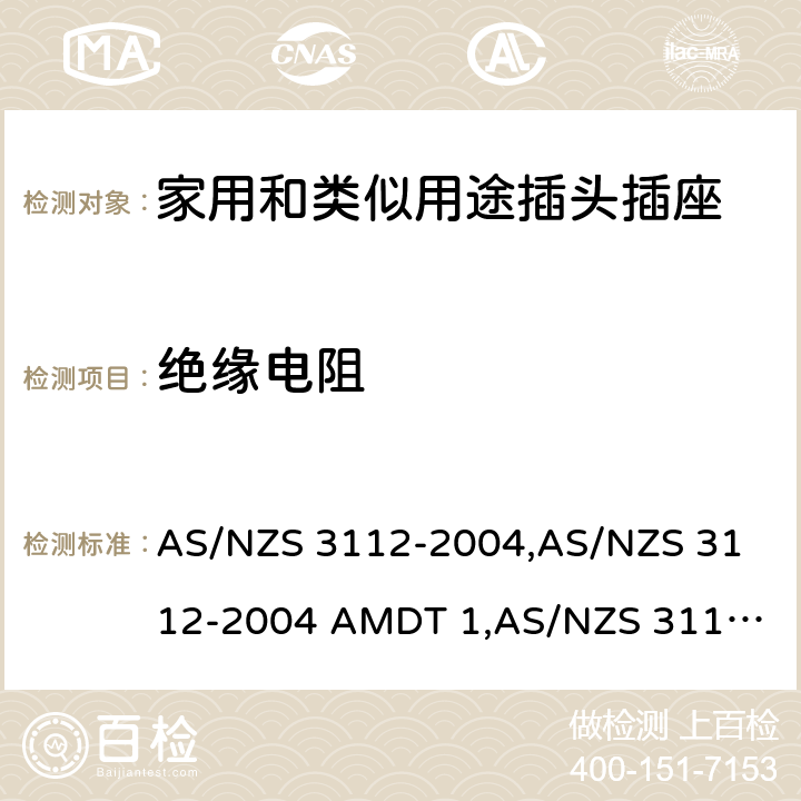 绝缘电阻 认可和试验规范——插头和插座 AS/NZS 3112-2004,
AS/NZS 3112-2004 AMDT 1,
AS/NZS 3112:2011,
AS/NZS 3112-2011 AMDT 1,
AS/NZS 3112-2011 AMDT 2,
AS/NZS 3112:2011 Amdt 3:2016,
AS/NZS 3112:2017 3.14.2